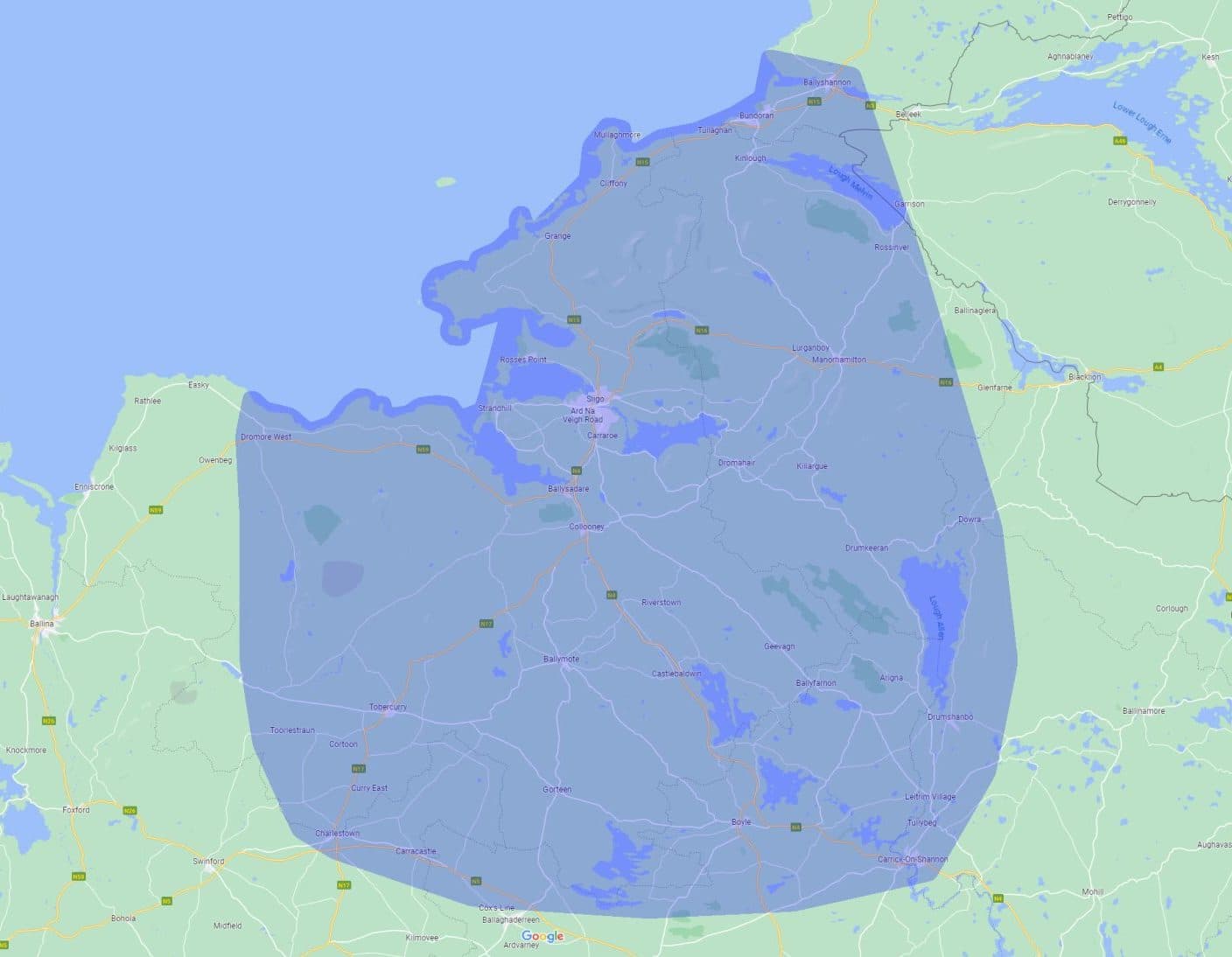 Map of the Northwest Gaming standard coverage area, shaded across counties Sligo and Leitrim, south Donegal and into Roscommon and east Mayo