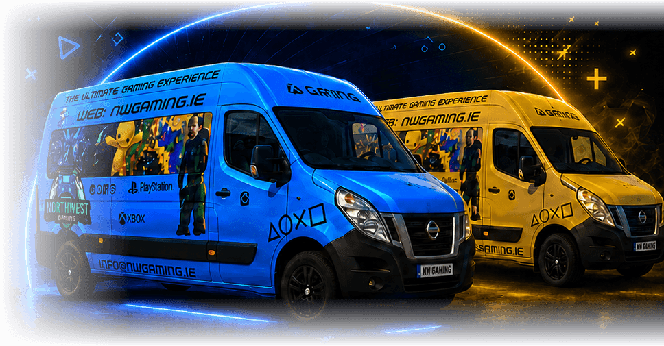 The Northwest Gaming blue and yellow gaming vans, lit with neon